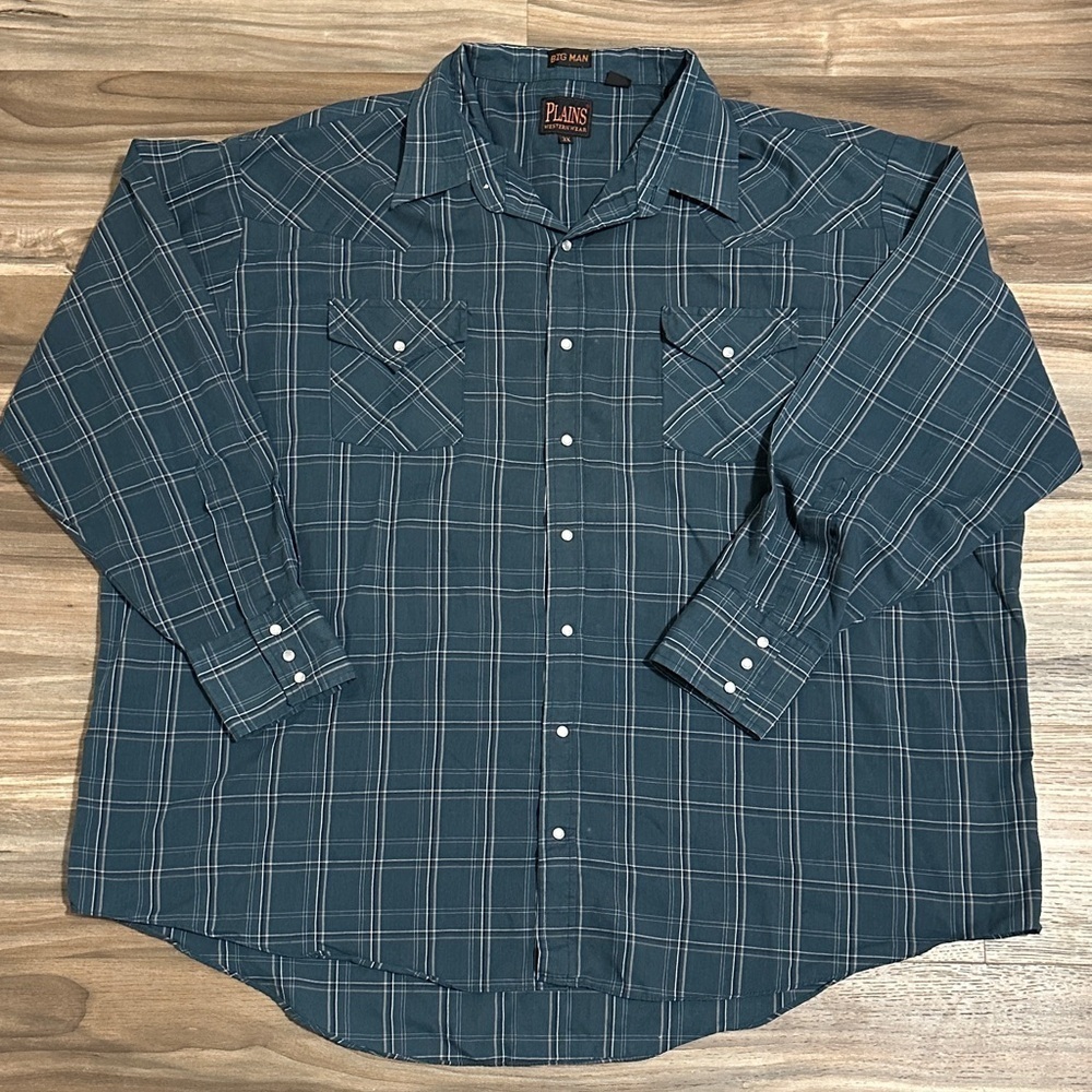 Plains Western Wear Big Man Men's 3XL Green Plaid Long Sleeve Pearl Snap Shirt